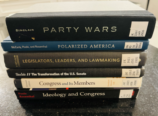 A stack of library books