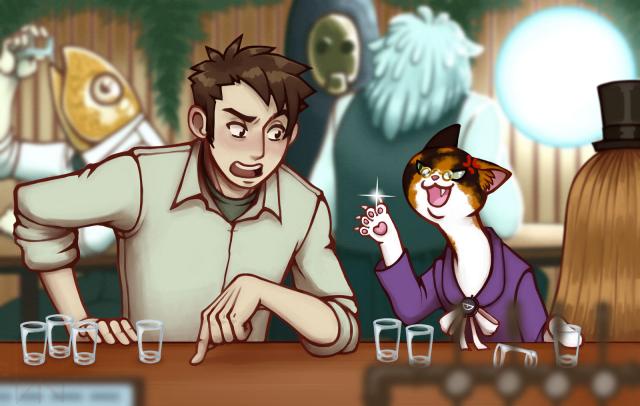 A calico cat wearing a purple jacket and glasses threatens a human man with a claw. They sit at a bar in front of empty shotglasses. The other patrons are out-of-focus and monstrous.