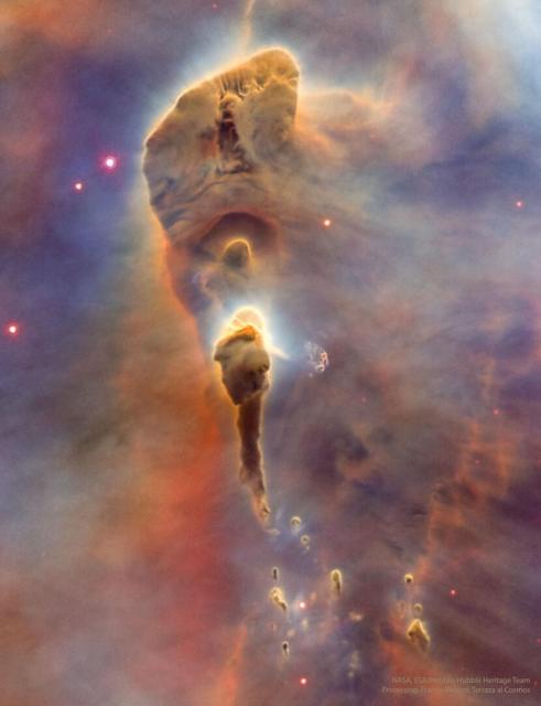 Brown dust pillars in the Carina Nebula are shown. Many appear like a torch since their ends are lit up with starlight.