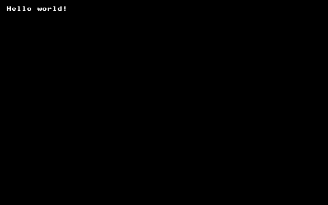 A black screen with the text, "Hello world!" written in a white pixelated font.