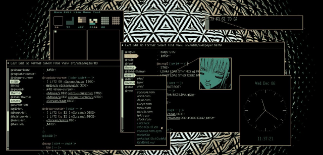 Uxn operating system with a bunch of shit opened, picture viewers, text editor, but all share the same color theme.