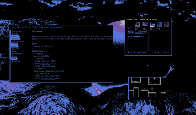 A four color code editor, tile editor, and small emulator window running inside the Varvara multiplexer "porporo"