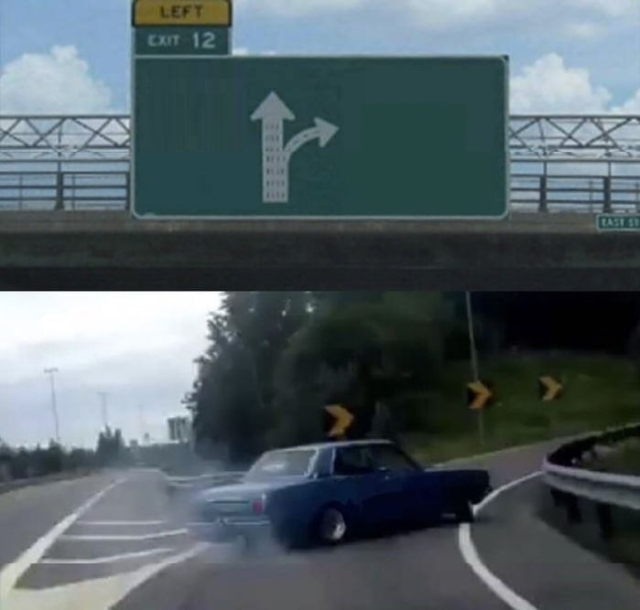 Picture of an (old) car making a steep turn to take an exit, leaving some smoke behind, taken from a youtube video called "How to exit freeway like a boss".