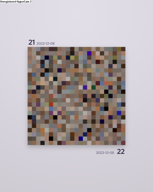 A 23x23 grid of colors. Most are neutral tone with a few vibrant blocks of violet and orange. “21, December 8th 2022” is above the top left corner of the grid. “22, December 8 2023” is at the bottom right.