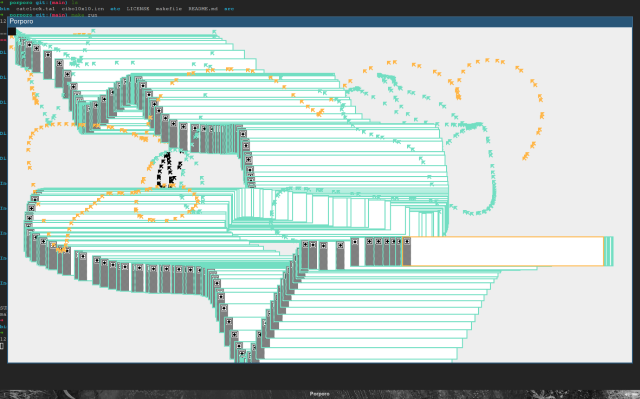 porporo window with a lot of cursors and log windows drawn in a weird pattern