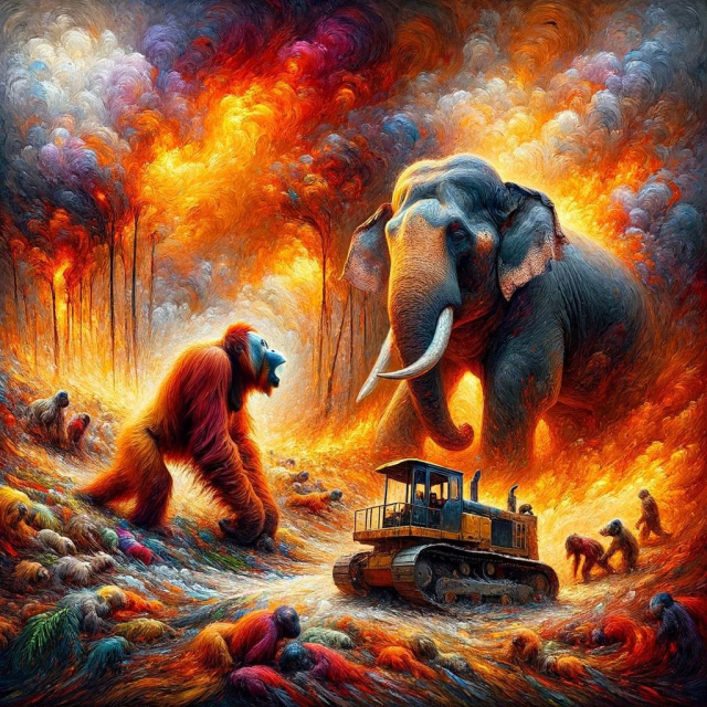 Orangutan and elephant fighting off a tractor in a burning forest 