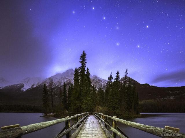 A landscape shows tall mountains in the distance and evergreen trees nearby. Overhead is a star filled sky, with the stars of the Big Dipper easily apparent. A rollover image labels names for the Big Dipper stars.