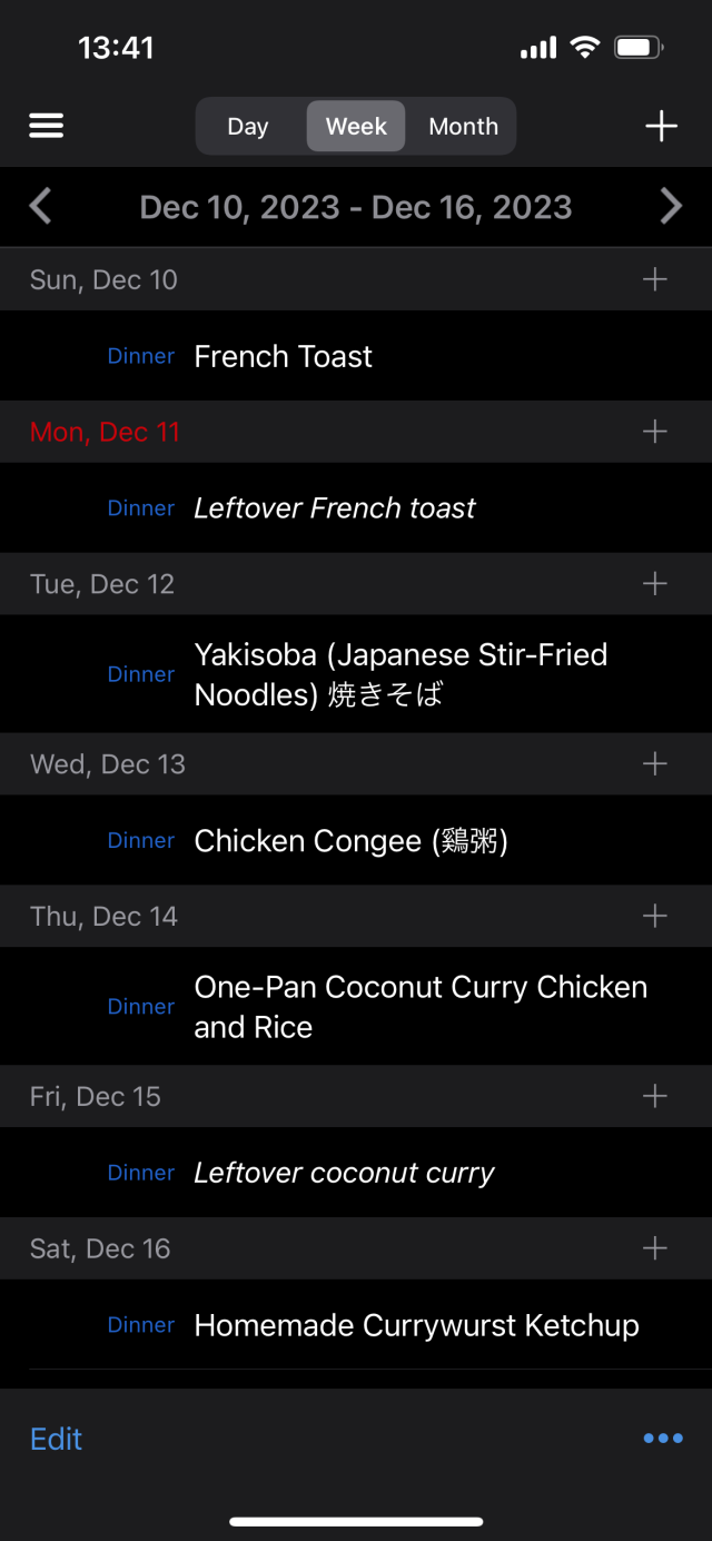 Meal plan for the week of Dec 10-16, for dinners

Sunday: French toast
Monday: leftover French toast
Tuesday: Yakisoba
Wednesday: Chicken congee
Thursday: one-pan coconut curry chicken and rice
Friday: leftover coconut curry rice
Saturday: homemade currywurst ketchup (and bratwurst+fries)