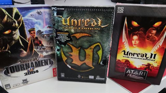 photo of physical editions of some classic Unreal games, including Unreal, Unreal Tournament, Unreal 2 and Unreal Tournament 2004