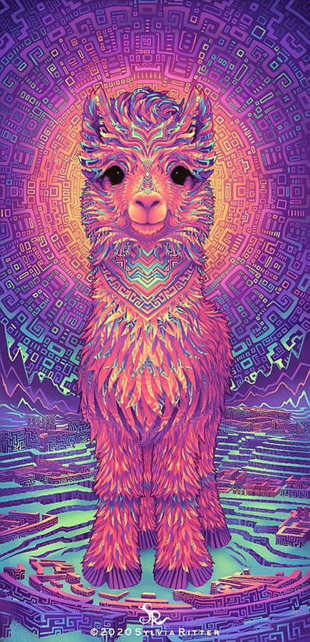 Astral Alpaca -  A commission for the Nomadic Daughter back in 2020. https://www.deviantart.com/sylviaritter/art/Astral-Alpaca-836767752 - A very colorful and cute alpaca portrait with intricate patterns. Surrounded by ancient ruins, mountains, and lots of delicious and lush grass.
