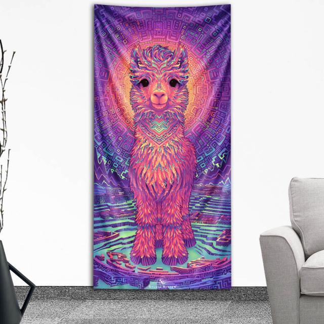 The tapestry version of Astral Alpaca. https://www.deviantart.com/sylviaritter/art/Astral-Alpaca-836767752 -A very colorful and cute alpaca portrait with intricate patterns. Surrounded by ancient ruins, mountains, and lots of delicious and lush grass.