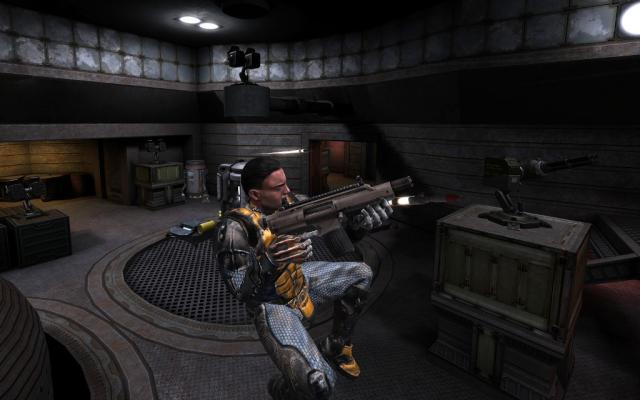 A screenshot of Unvanquished showing a human soldier jumping up in the air, with turrets it the background