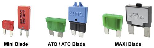 Three sizes of automotive fuses and their pin compatible breaker equivalent.