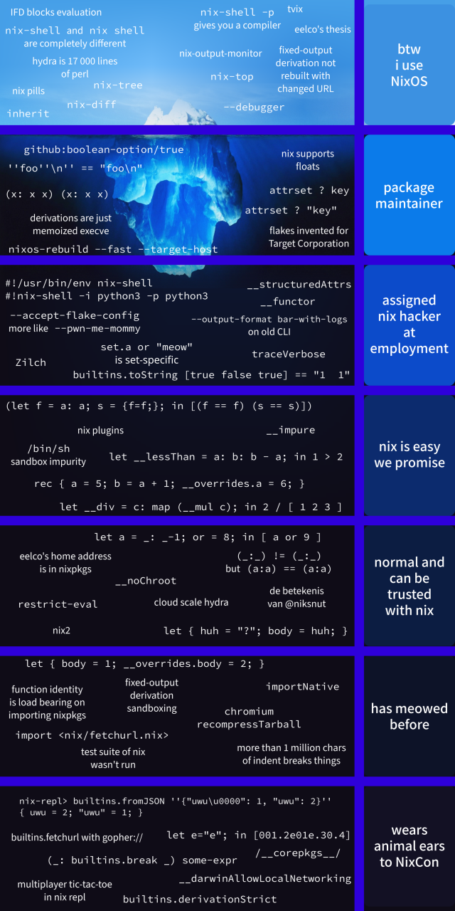 iceberg meme of nix, with categories from "btw i use NixOS" to "has meowed before" and "wears cat ears to nixcon". it includes such normal things as "more than 1 million chars of indent breaks things", "function identity is load bearing on importing nixpkgs"