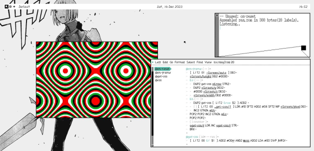 Source code and a canvas with trippy patterns.