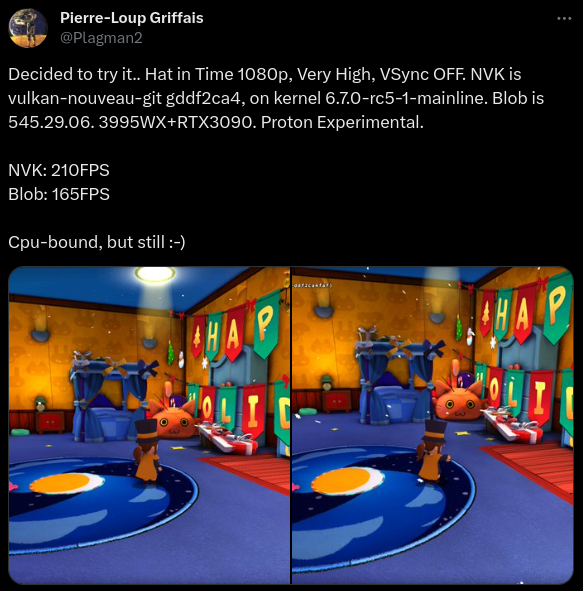 Demonstration of A Hat In Time running at 1080 Very High graphical settings on both NVK and the Nvidia proprietary drivers. NVK is outperforming the proprietary drivers at 210 FPS compared to 165 FPS