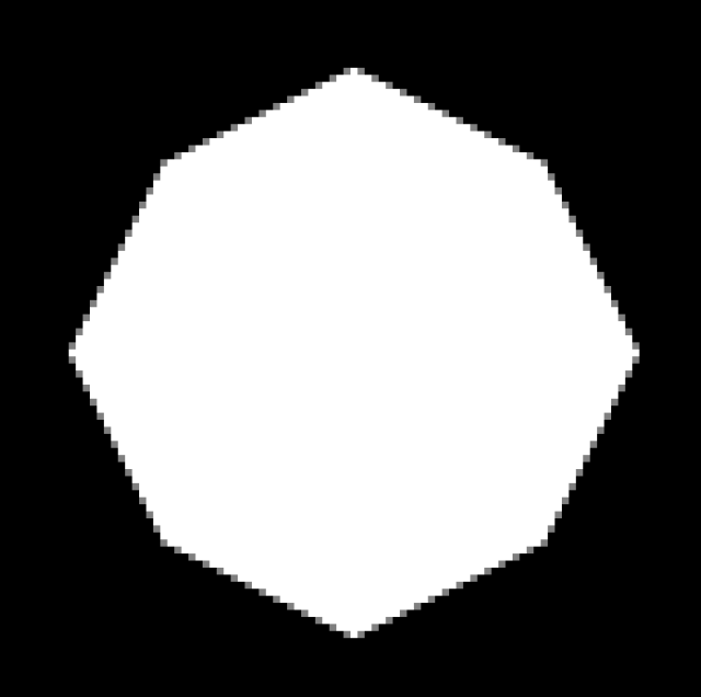 A white irregular octagon on a black background. Its interior region is defined by max(|x|, |y|) + min(|x|, |y|) ÷ 2 < 1 .