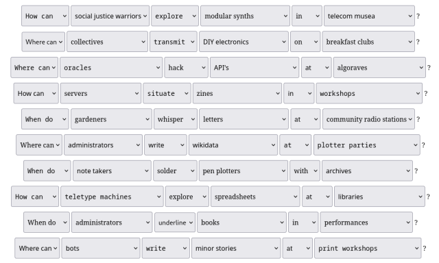 A screenshot from https://xpub.nl.2024/call of multiple questions about experimental publishing. Each question has parts (such as subject, verb, predicate), which can be replaced by alternatives in dropdown lists. An example question: Where can collectives transmit DIY electronics on breakfast clubs? 