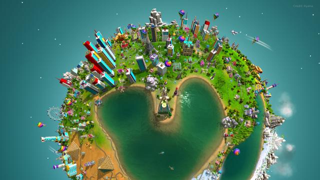 The Universim, showing a city on a planet with a lake that looks like a heart