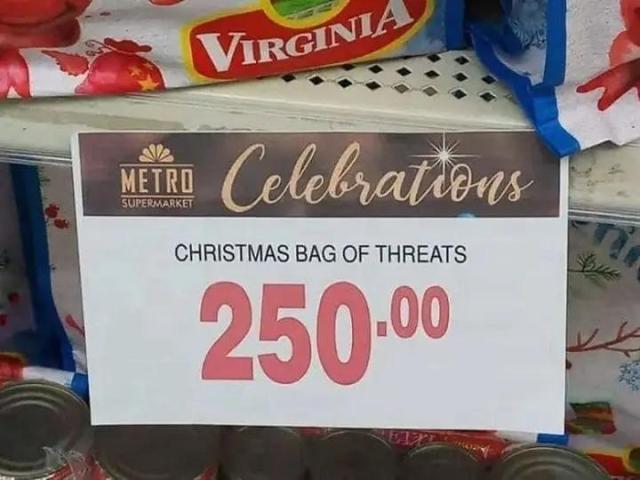 A store shelf label that reads "Christmas Bag of Threats, $250.00" 