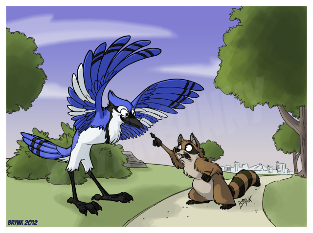Mordecai and Rigby from Regular show, in a different, kinda-disney-ish style.  Mordecai (a blue jay) is spreading his wings and gesturing down at Rigby (a brown raccoon) who is pointing back at Mordecai, his eyes wide and yelling.

(We can assume the conversation consists of "Ooooooooooohhh!" and "STOP TALKING!!!")