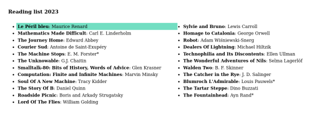 
    Le Péril bleu: Maurice Renard
    Mathematics Made Difficult: Carl E. Linderholm
    The Journey Home: Edward Abbey
    Courier Sud: Antoine de Saint-Exupéry
    The Machine Stops: E. M. Forster*
    The Unknowable: G.J. Chaitin
    Smalltalk-80: Bits of History, Words of Advice: Glen Krasner
    Computation: Finite and Infinite Machines: Marvin Minsky
    Soul Of A New Machine: Tracy Kidder
    The Story Of B: Daniel Quinn
    Roadside Picnic: Boris and Arkady Strugatsky
    Lord Of The Flies: William Golding
    Sylvie and Bruno: Lewis Carroll
    Homage to Catalonia: George Orwell
    Robot: Adam Wiśniewski-Snerg
    Dealers Of Lightning: Michael Hiltzik
    Technophilia and Its Discontents: Ellen Ullman
    The Wonderful Adventures of Nils: Selma Lagerlöf
    Walden Two: B. F. Skinner
    The Catcher in the Rye: J. D. Salinger
    Blumroch L'Admirable: Louis Pauwels*
    The Tartar Steppe: Dino Buzzati
    The Fountainhead: Ayn Rand*
