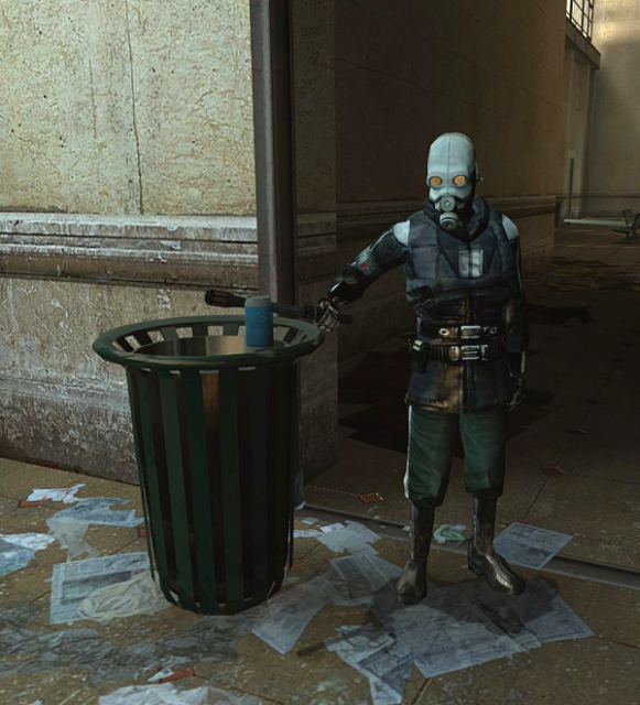 Scene from HL2 where a combine soldier orders you to pick up a can and put it in the trash.