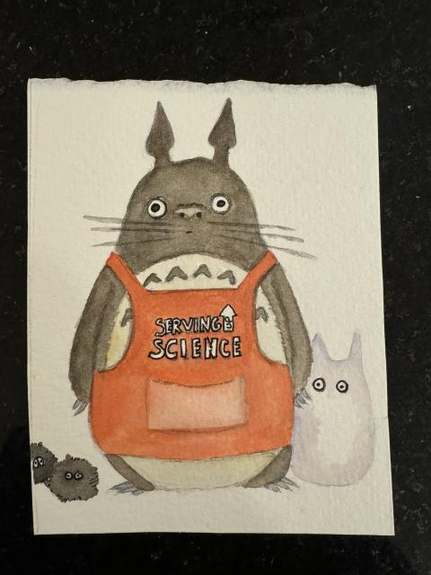 A water color painting of Totoro & friends from My Neighbor Totoro by Studio Ghibli. Totoro is wearing a PBS Serving Up Science apron