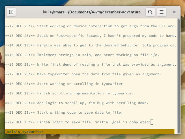 Modifying my December adventure log with the custom software I built during December.