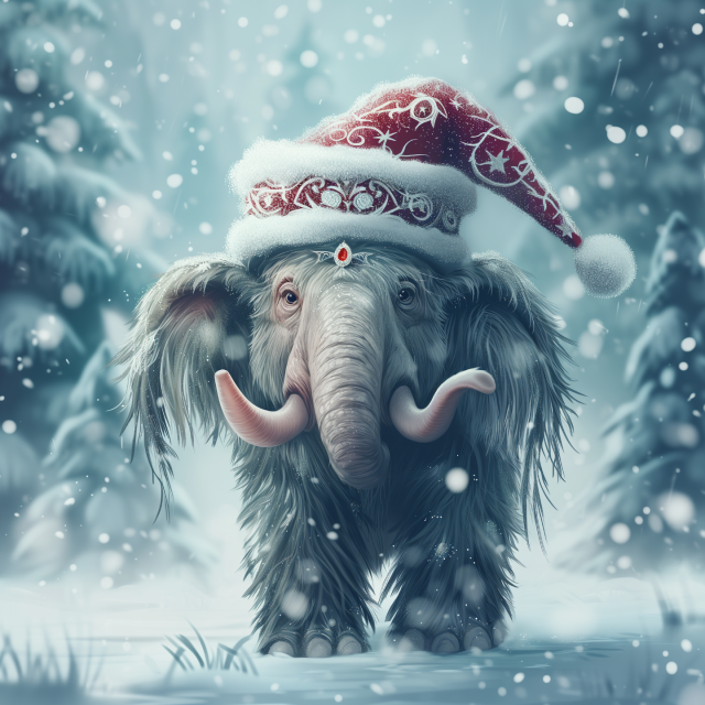 A furry mastodon in a snowy forest wearing a beautiful ornate Santa hat