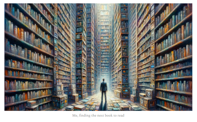 Article header image showing a person in an oversized library with thousands of books everywhere and the by-line "Me, finding the next book to read"