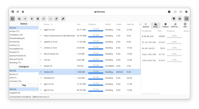 a screenshot of a program listing several torrents, along with information about them