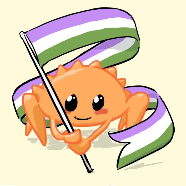 Ferris holding a genderqueer pride banner