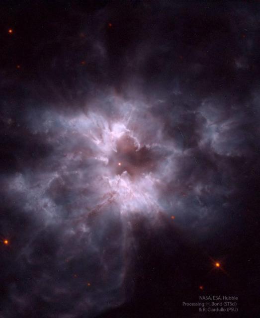 A nebula in purple and pink is shown with dust pillars curving around. In the center is a bright orange spot.