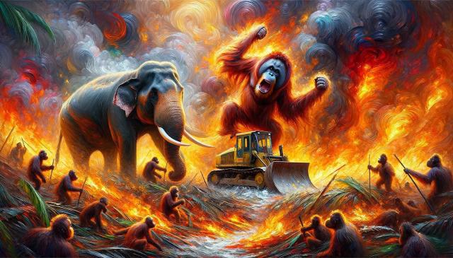 Angry orangutans and elephants fight against palm oil ecocide in a burning forest. 

#News Carbon emissions from #palmoil derived #biodiesel is three times higher than #fossilfuel diesel. This is a significant finding given that more than half of all palm oil imported into the #EU is used to produce biodiesel #Boycottpalmoil  https://www.irishevs.com/biofuel-a-greenwashing-battleground