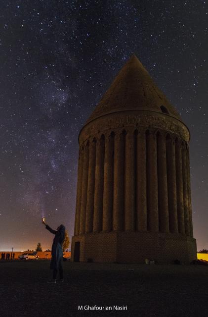 Radakan Tower at night.

mohammad Ghafourian nasiri, CC BY-SA 4.0, via Wikimedia Commons.