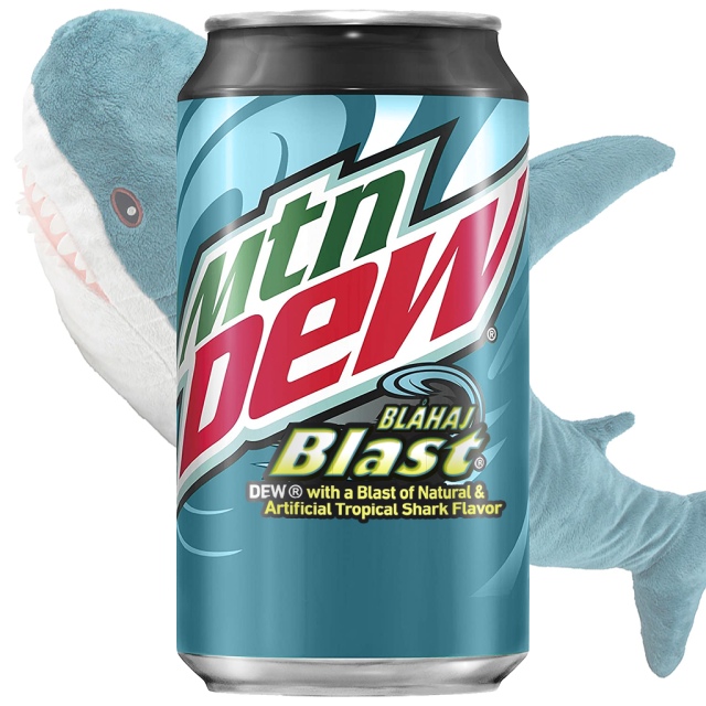 Concept art of a MtnDew BlahajBlast can with te tag line DEW (R) with a Blast of Natural & Artifical Tropical Shark Flavour
