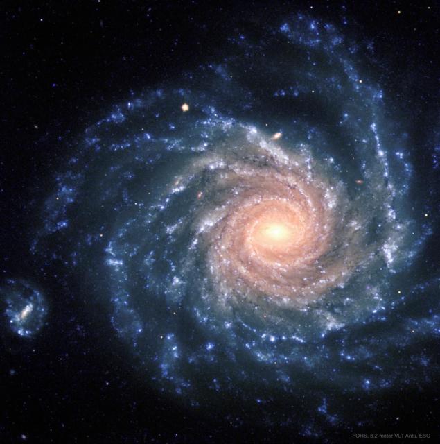 A spiral galaxy with big blue spiral arms is shown with a center that appears more yellow.