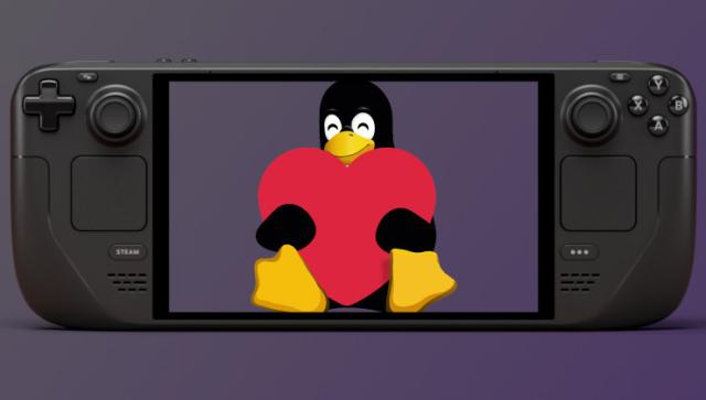 Steam Deck OLED with Linux Tux holding a heart inside