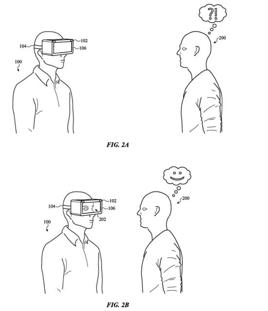 Two patent figures.
Figure one: A person wearing a VR headset. A second person looking at them with “?!” in a thought bubble above their head. 
Figure two: The same two people, but the VR headset now shows the wearer’s eyes. The other person’s thought bubble is a smiling emoticon.