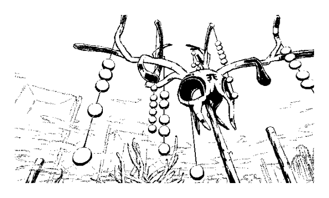 A decorated skull of a deer-like animal, stuck on a tall pole amidst crumbling landscape. Its bones are embellished with various painted ornaments and an ancient symbol in the middle of the frontal, all done with a thick coat of some blood-like substance. Shiny data pearls with holes crudely burned through their centers hang from the antlers, twinkling, tied together in chains with some sort of twined plant fiber. An uncanny aura envelops the totem, where wisps of smoke and mist dance in the air, shrouding the plantlife.