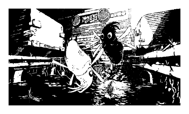 Two cephalopod-like creatures with insectoid wings playing with each other by spinning around in circles among the flooded ruins of a train station. There's something yin-yang-ish in their colors and the way they are rotating in the air. Their quick and blurry movement contrasts with the threatening stillness of the scene — massive train wagons hang above a collapsed bridge, almost by a thread, as if a tiny breeze could push them from the tracks into the lake below. Some sunlight pierces through the ceiling; the scene almost looks like an oasis in this dilapidated landscape. The illustration is drawn in a 1-bit black & white style and is very noisy and chaotic.