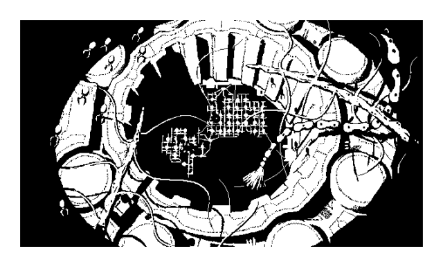 A sterile chamber with strange bio-mechanical creatures. Its central part is occupied by an arrangement of latticed memory matter hovering in front of a large circular window lit solely by an artificial spotlight. Long tentacles with creeping tendrils, weird fronds on arms made out of bone-like segments, schools of glowing firefly-esque insects — everything floating by as if being completely submerged in a liquid. Every creature, no matter how small, seems to have a great purpose here. A faint sound of a heartbeat can be heard through the walls.