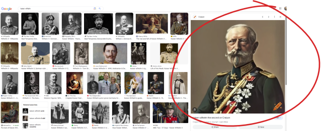 A page of Google image search. A decidedly fucked up generative version of Kaiser Wilhelm II is circled in red on the right.