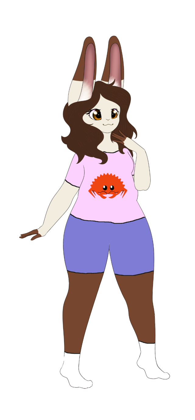 it's my fursona again but now she's wearing poorly drawn clothes. of particular note is the rustacean tee shirt