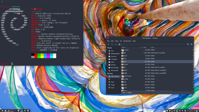 A screenshot of an XFCE desktop, with a brightly coloured background, a terminal running NeoFetch for credits and Thunar open. On the bottom is a split panel with docklike apps on the left and system icons on the right.