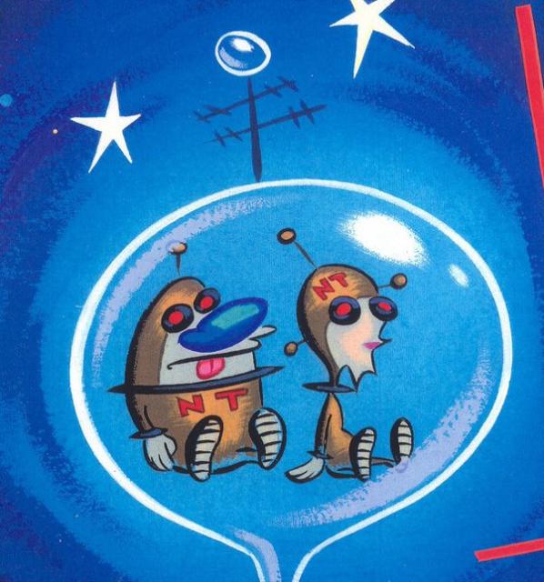 ren and stimpy wearing retrofuturistic suits labelled "NT"