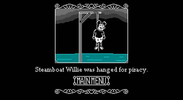 A picture showing Steamboat Willie being hanged in pixel art