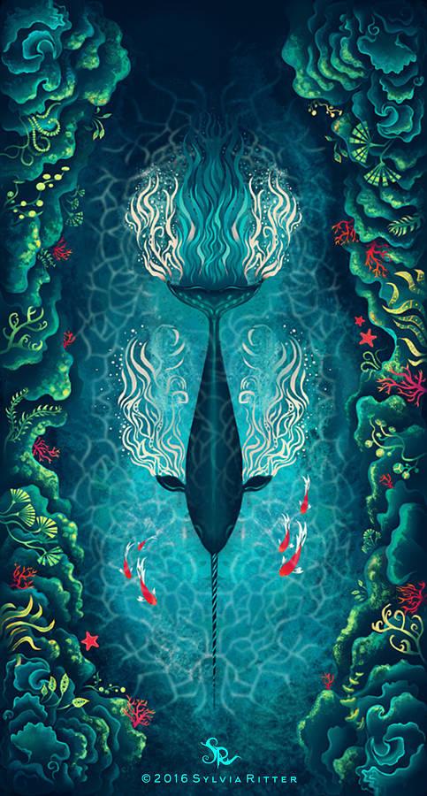 Natty Narwhal. https://www.deviantart.com/sylviaritter/art/Natty-Narwhal-603577323. A narwhal portrait. Swimming through water, creating waves. Followed by some friendly koi fish. Surrounded by various corals and plants. 