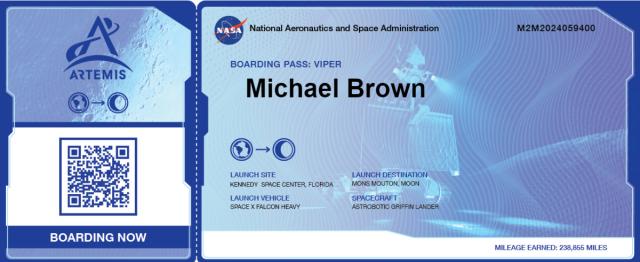 NASA Artemis Boarding Pass for M. Brown with QR code and includes 238,855 miles. 